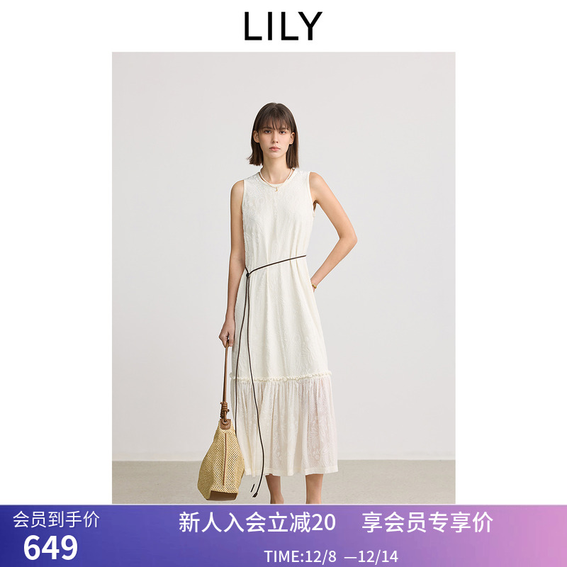 【商场同款】LILY2025春新款女装无袖背心A字白色连衣裙小白裙女