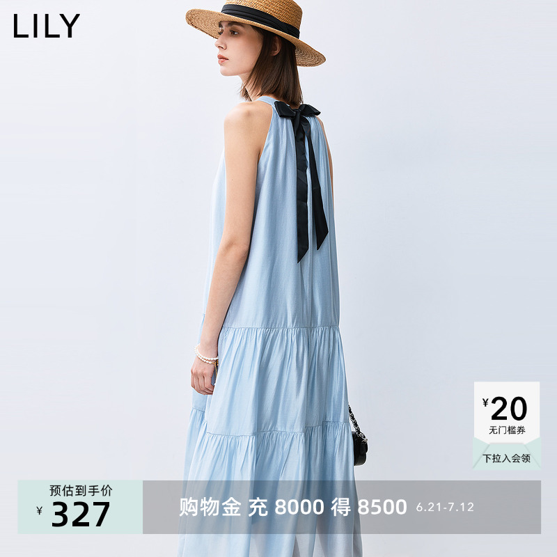 LILY度假风蓝色背后蝴蝶结垂感醋酸吊带裙2024夏新款微光连衣裙女