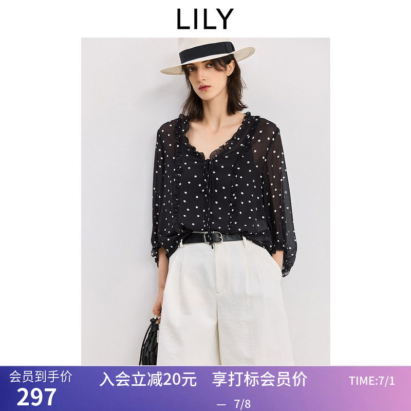 LILY2026夏新款法式复古波点宽松休闲通勤黑色长袖雪纺衫套头衫女