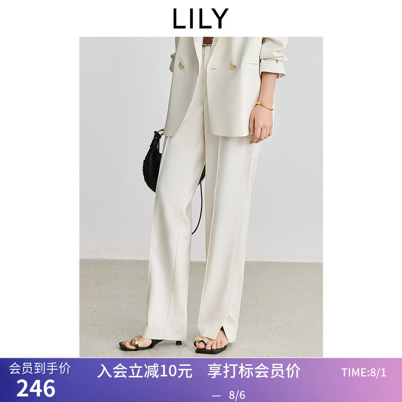 LILY春新款女装设计感开叉休闲百搭职业通勤直筒裤米色西装裤