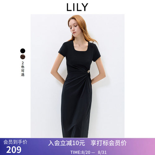 LILY2026夏新款女装莱赛尔混纺方领不对称收腰气质纯色短袖连衣裙