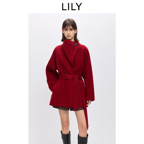 【商场同款】LILY2025冬新款含羊毛骆驼绒大红色毛呢外套女中长款