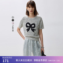 LILY秋新款女装格雷系百搭甜美蝴蝶结圆领轻薄短袖针织衫上衣
