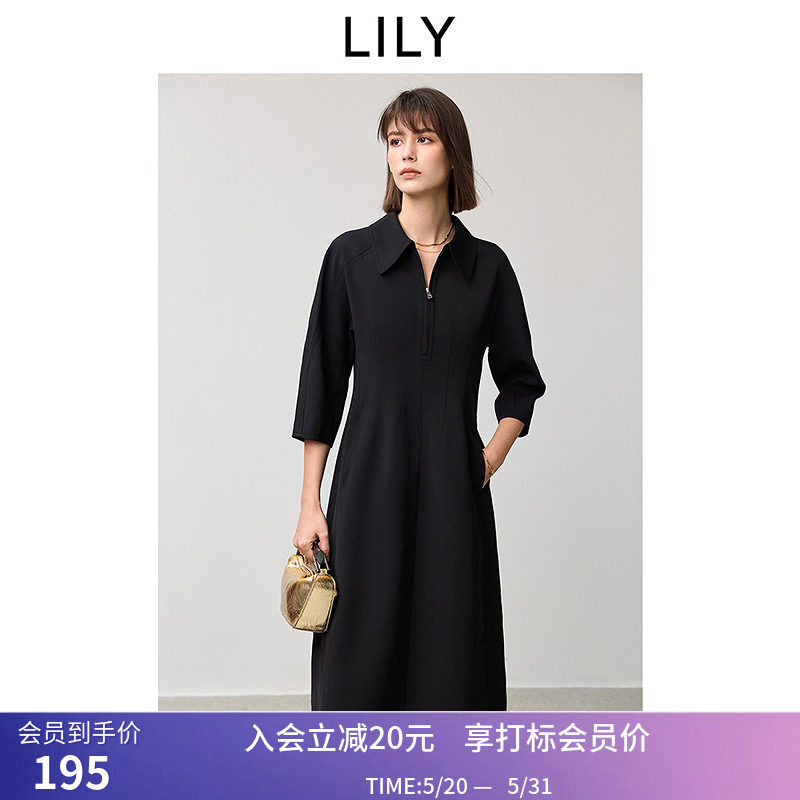 小黑裙LILY春赫本风气质拉链POLO领收腰通勤黑色连衣裙女长裙