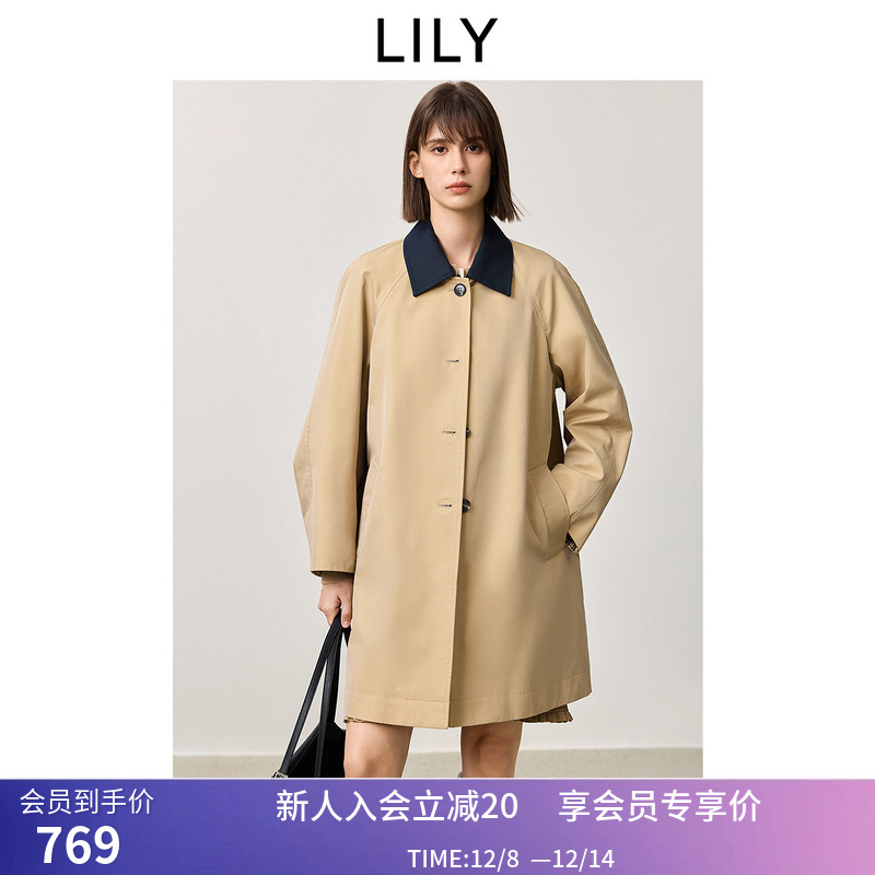 【商场同款】LILY2025春新款女装百搭撞色高级感风衣外套中长款女