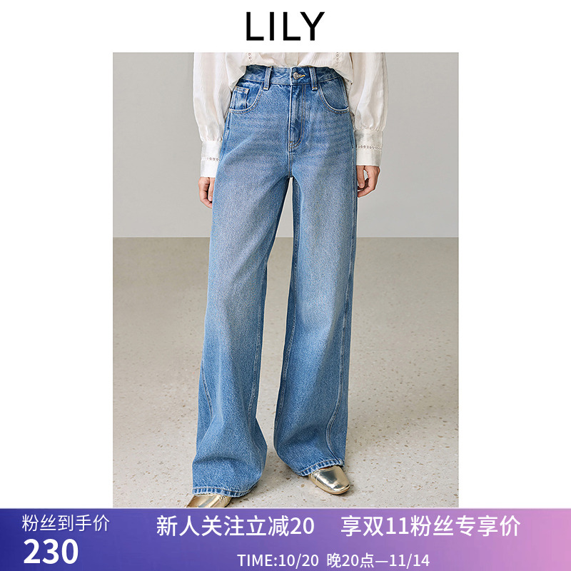 经典丹宁LILY2025春复古全棉中高腰百搭宽松直筒牛仔裤阔腿裤女