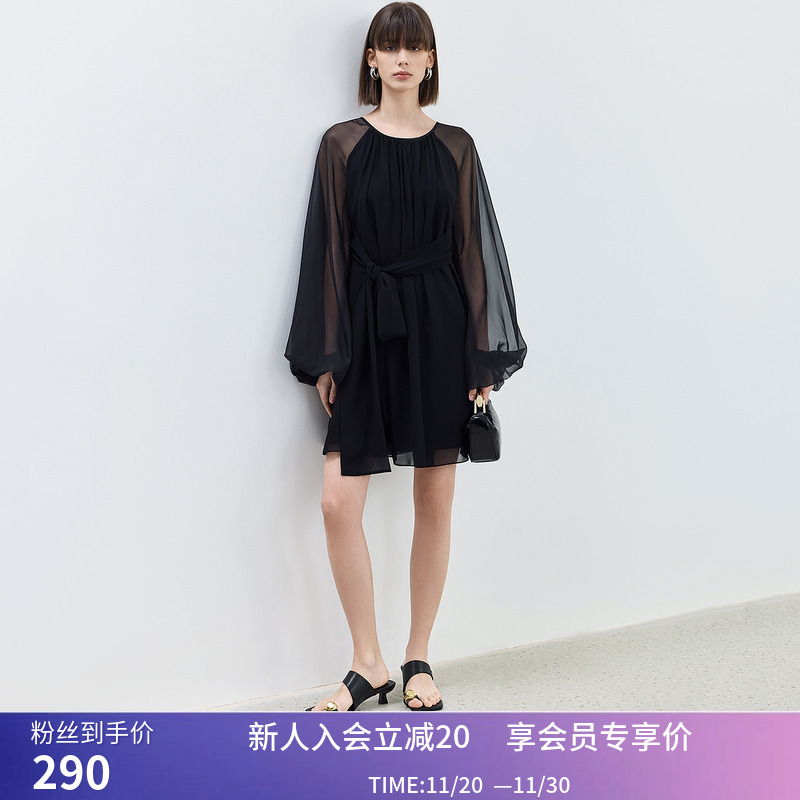 【商场同款】LILY夏新款垂坠感袖子设计小黑裙女飘逸连衣裙