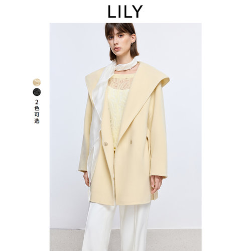 【100%羊毛】商场同款LILY2025冬新款女装连帽收腰毛呢外套中长款