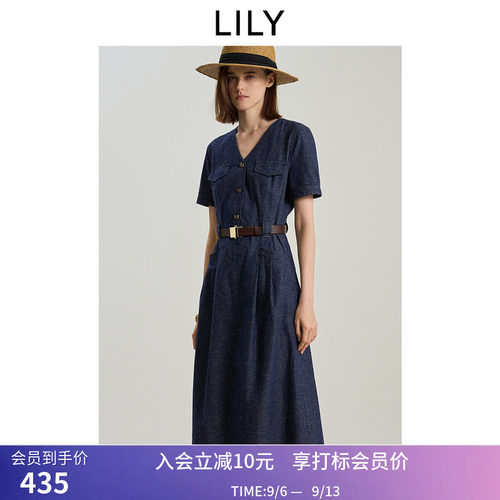 不易褪色牛仔LILY夏新款女装复古V领短袖收腰通勤连衣裙长裙