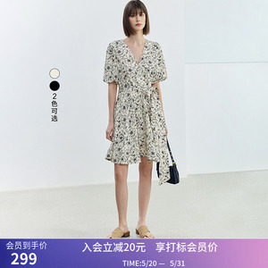 【专柜甄选】LILY夏新款女装设计感复古泡泡袖中长款连衣裙女