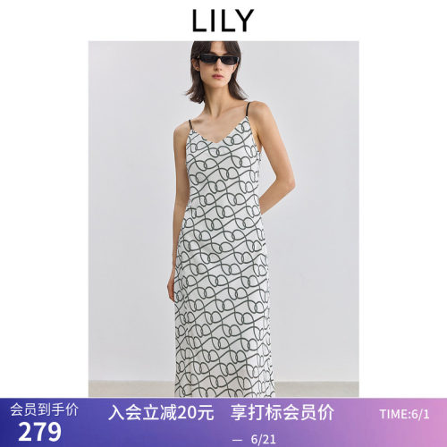 【商场同款】LILY夏新款女装复古老花休闲斜裁V领吊带连衣裙