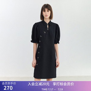 【商场同款】LILY夏新中式暗玫瑰提花泡泡肌理连衣裙小黑裙