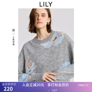 LILY冬新款女装马海毛撞色花卉提花套头圆领针织衫毛衣