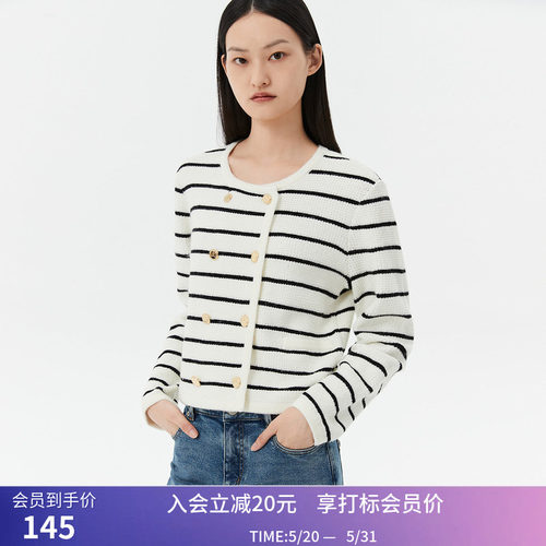 【商场同款】LILY冬新款女装含绵羊毛双排扣复古条纹针织开衫