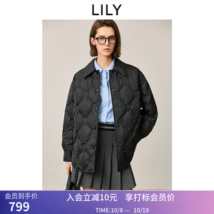 LILY冬新款女装经典菱格纹衬衫领90鸭绒黑色羽绒服外套中长款