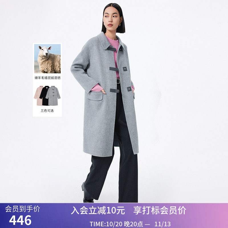 LILY冬新款女装保暖绵羊毛都市通勤款学院感宽松毛呢大衣外套