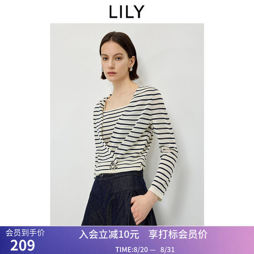 LILY2026夏新款含亚麻设计感假两件撞色条纹宽松休闲通勤针织衫女