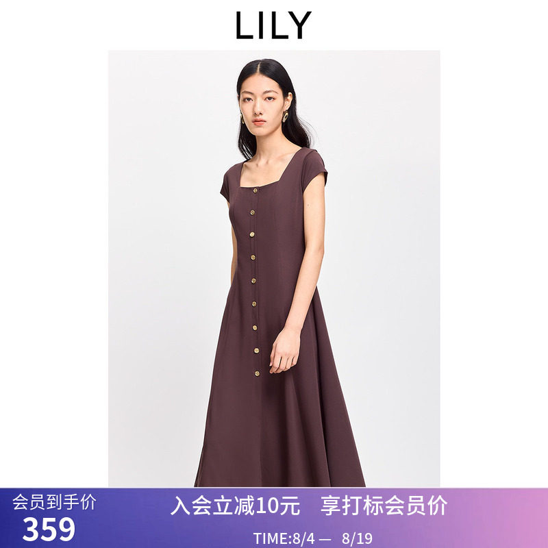 LILY2026夏新款复古大方领法式休闲气质通勤收腰短袖T恤连衣裙女