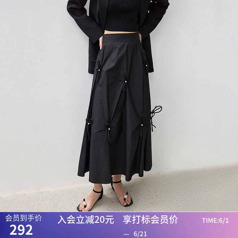 【商场同款】LILY秋新款立体蝴蝶结手缝珍珠垂感全棉半身长裙