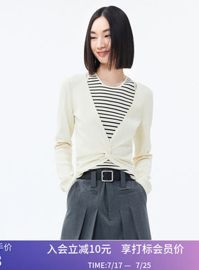 LILY夏新款女装时尚洋气假两件复古条纹别致长袖短款毛针织衫