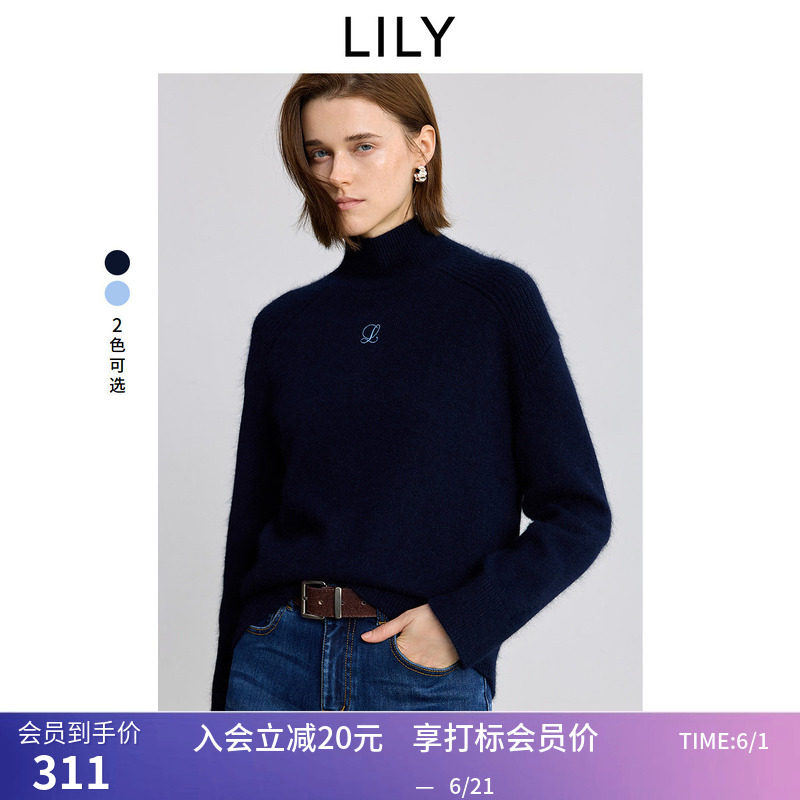 LILY冬新款兔绒羊毛混纺纯色半高领绣花加厚套头针织衫毛衣女