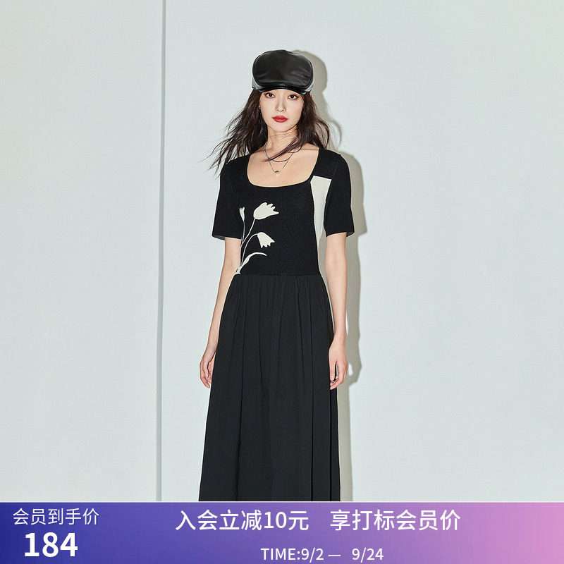 LILY夏新款女装浪漫复古气质方领针织拼接高腰连衣裙小黑裙女