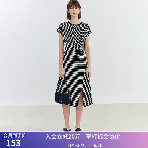 【商场同款】LILY夏新款女装复古条纹通勤款休闲修身连衣裙女