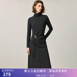 LILY冬新款女装格雷系高级气质高领褶皱收腰A字灰色连衣裙女