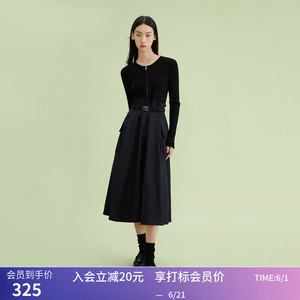 【商场同款】LILY春新款女装洋气拼接复古高腰连衣裙小黑裙女