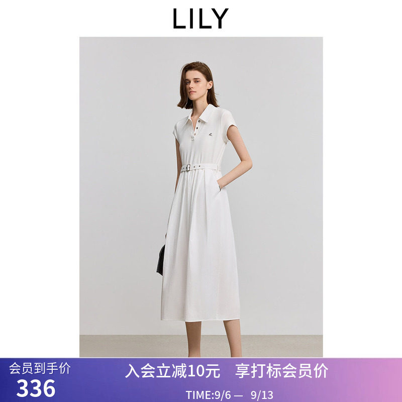 LILY夏新款简约气质POLO领腰带收腰休闲薄款白色短袖连衣裙女图片