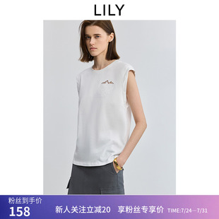 LILY2025夏新款 T恤女短款 簡約氣質(zhì)繡花全棉寬松休閑百搭通勤無袖