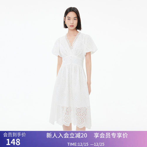 LILY秋新款女装气质优雅时尚镂空高腰小白裙垂感别致连衣裙女