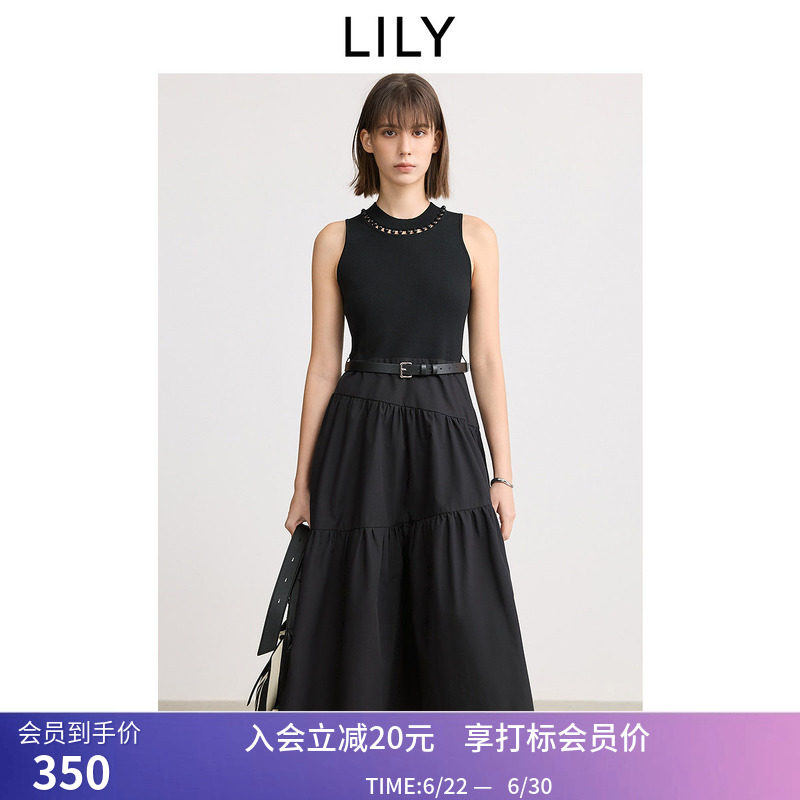 【LILY时光小黑裙】商场同款春新款女装针梭拼接连衣裙蛋糕裙