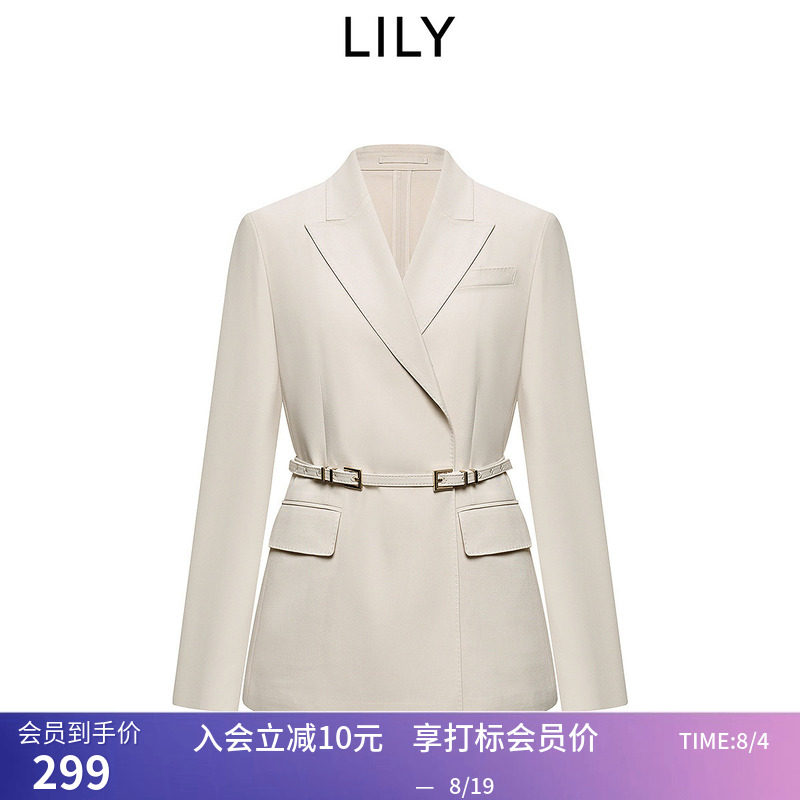 【商场同款】LILY夏简约松弛感休闲腰带收腰米白色西装外套女