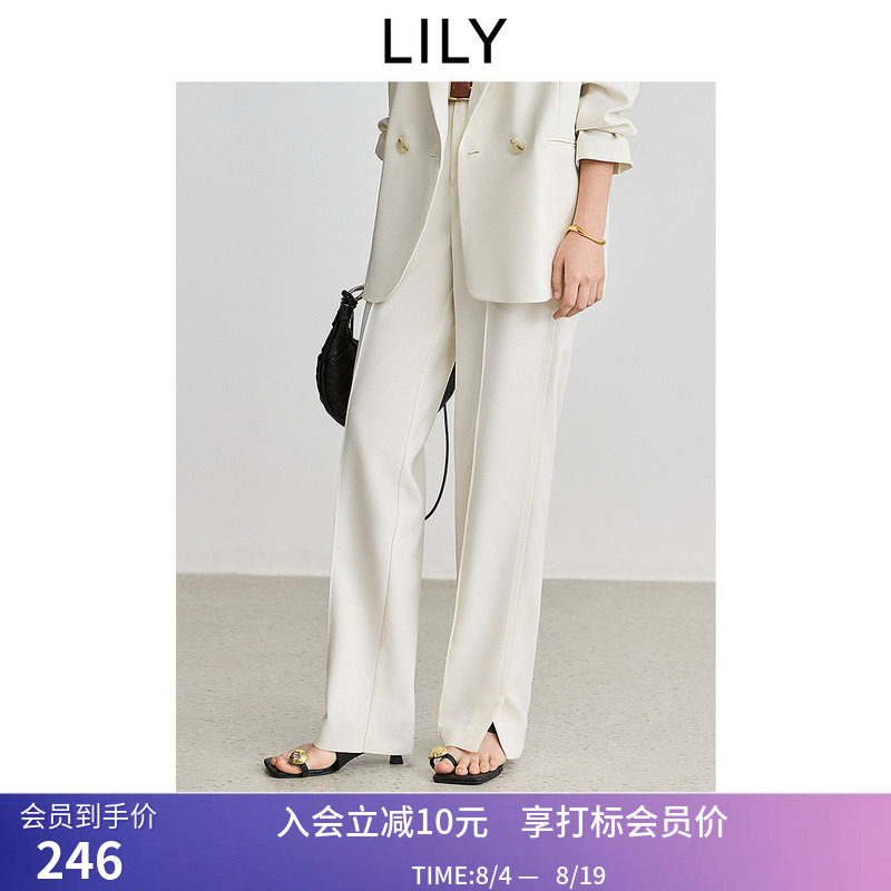 LILY春新款女装设计感开叉休闲百搭职业通勤直筒裤米色西装裤
