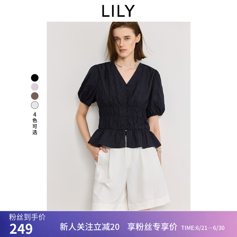 LILY2025夏新款女装法式浪漫V领收腰休闲百搭通勤泡泡袖短袖衬衫