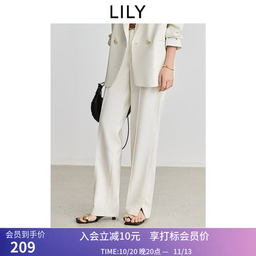 LILY春新款女装设计感开叉休闲百搭职业通勤直筒裤米色西装裤