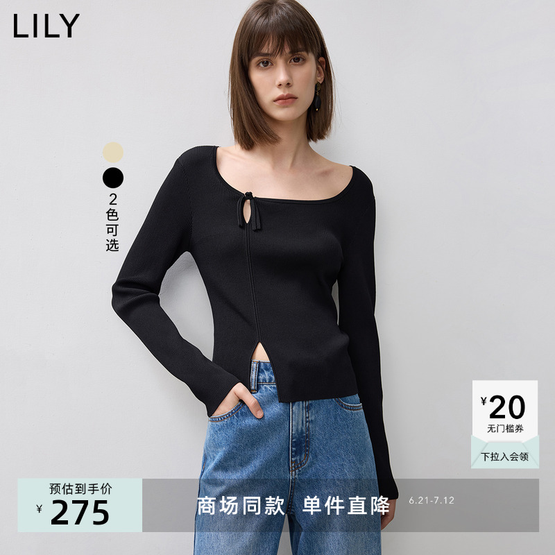 【商场同款】LILY2024秋新款新中式U型盘扣镂空慵懒感开叉针织衫