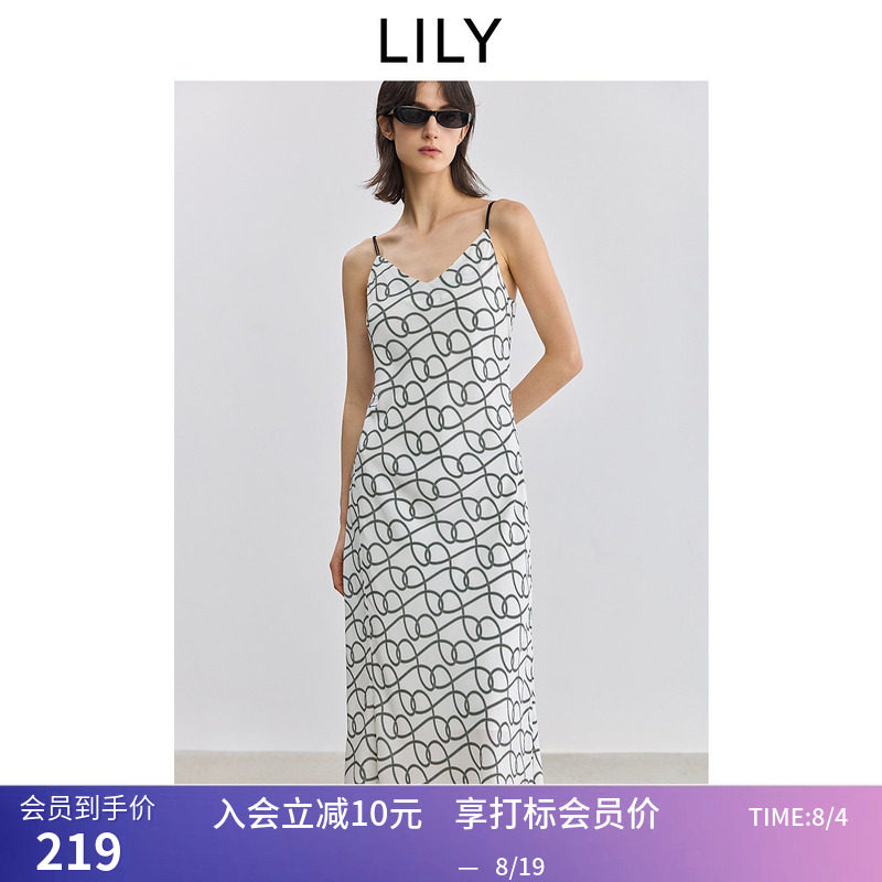 【商场同款】LILY夏新款女装复古老花休闲斜裁V领吊带连衣裙