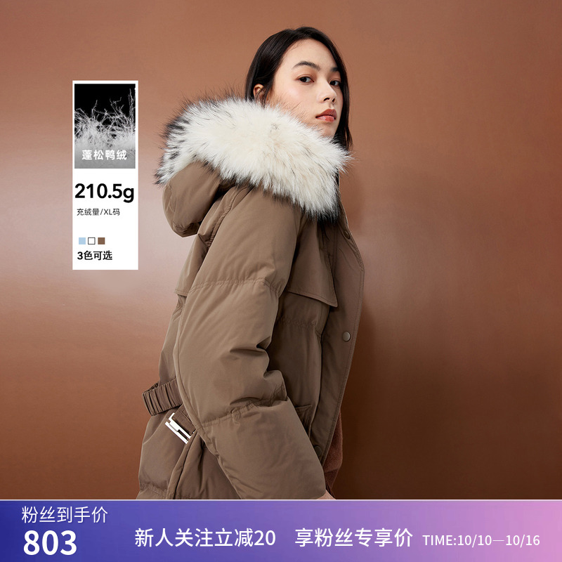 LILY冬新款女装保暖鸭绒貉子毛连帽时尚通勤长款羽绒服外套女