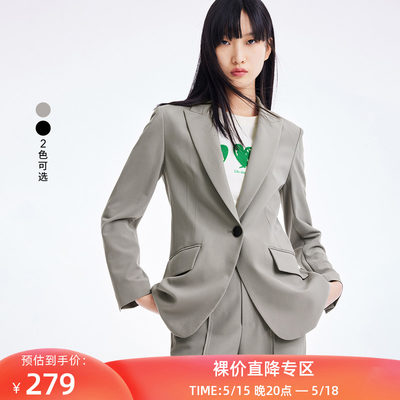 LILY2022夏新款女装小众设计感不对称开叉撞色刺绣纯色西装外套女