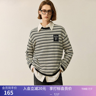 LILY冬新款女装学院风撞色细条纹百搭通勤圆领毛衣针织衫女款