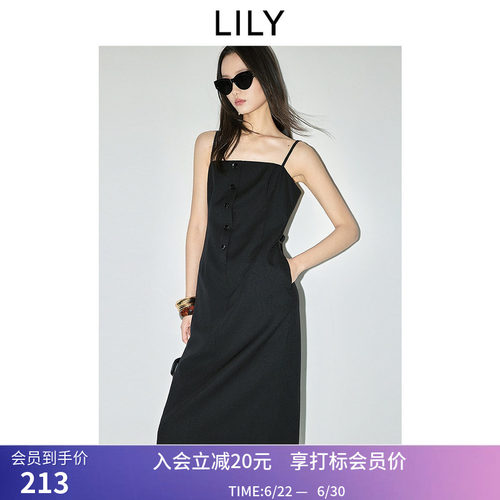 吊带小黑裙LILY春新款复古气质修身收腰百搭通勤黑色连衣裙女