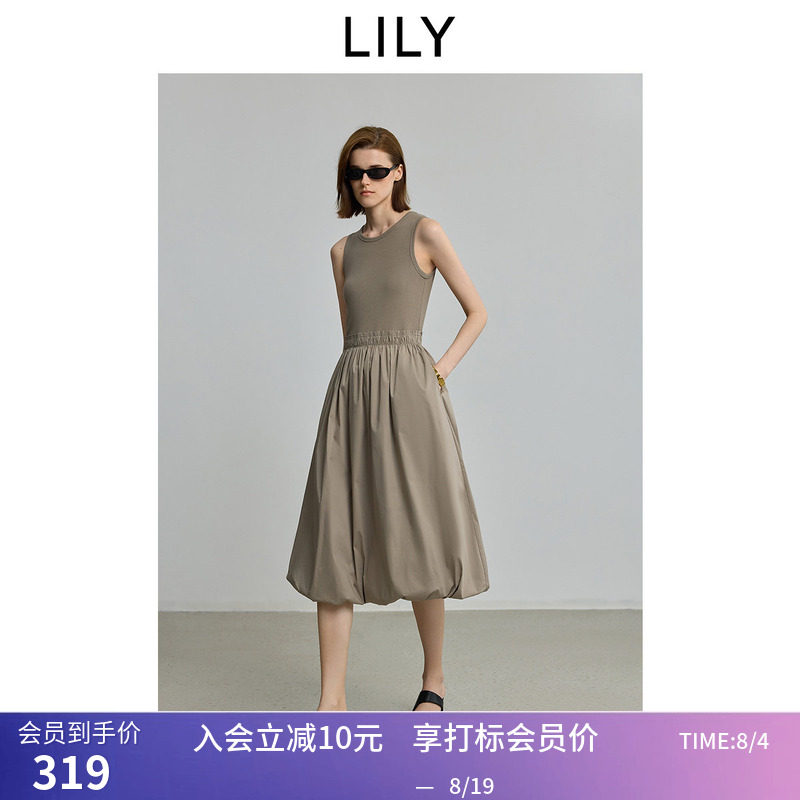 LILY夏新款复古气质休闲百搭通勤无袖圆领收腰背心裙连衣裙女