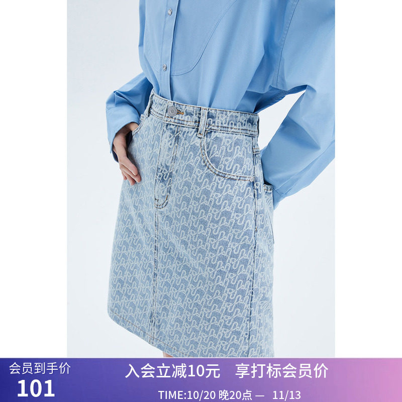 【商场同款】LILY春新款女装复古老花舒适全棉牛仔短裙半身裙