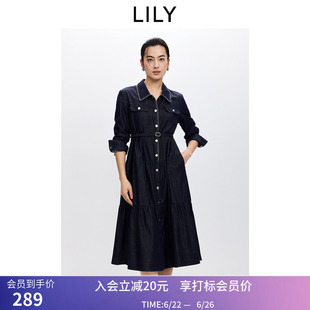 LILY2026春新款女装莱赛尔翻领垂感收腰气质通勤牛仔连衣裙