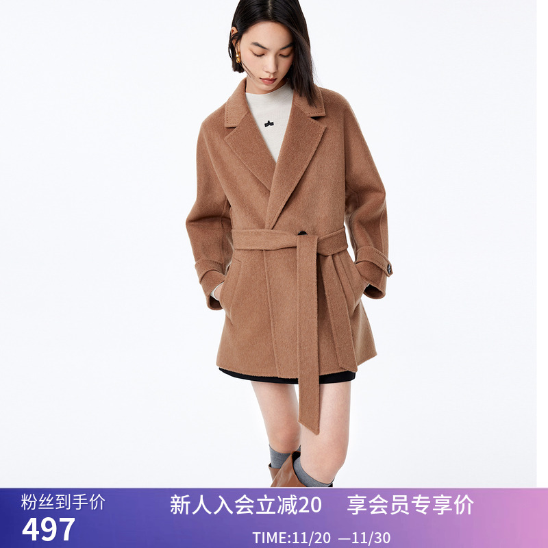 LILY冬新款女装绵羊毛骆驼绒气质通勤腰带毛呢外套大衣小个子