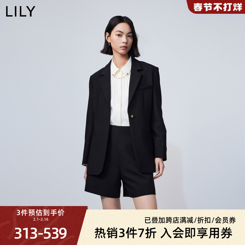 LILY2024春新款女装商务通勤时尚复古一粒扣修身休闲黑色西装外套 女装/女士精品 西装 原图主图