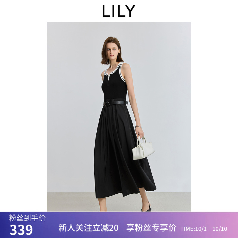小黑裙LILY2025夏新款经典黑白撞色针梭拼接收腰吊带裙连衣裙女