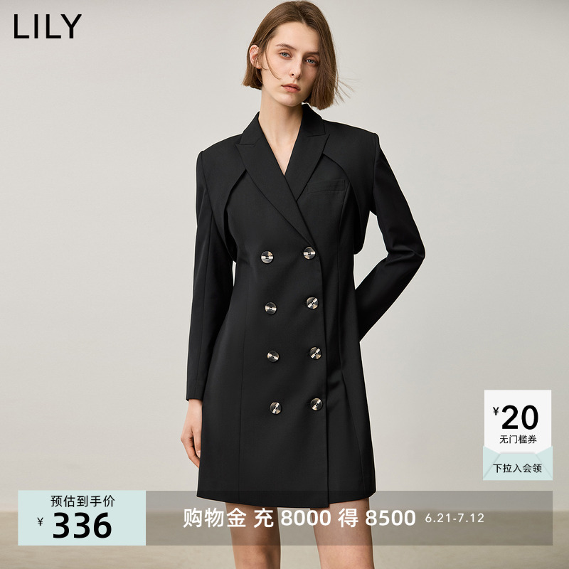 LILY2024秋新款女装优雅商务戗驳领双排扣可拆卸风衣式两穿连衣裙